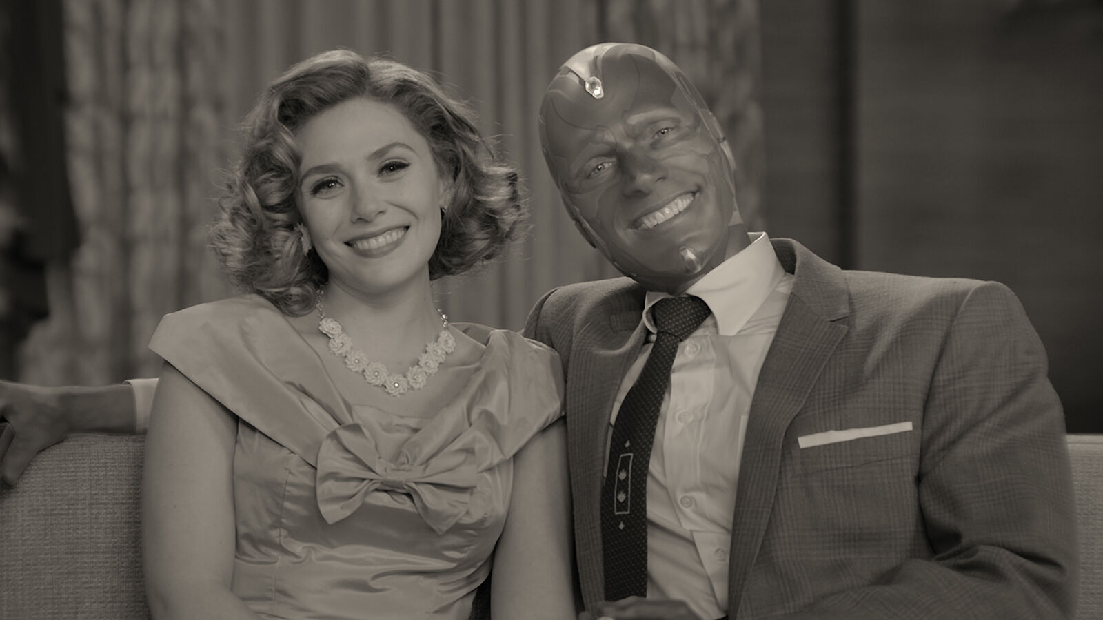 Elizabeth Olsen, left, and Paul Bettany in“ WandaVision.”.